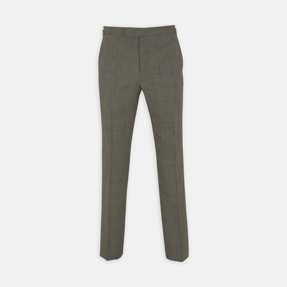 Turnbull & Asser’s Harry Grey Check Trousers feature a slim fit, flat front, and straight legs in a refined check pattern—an elegant seasonal update for your wardrobe, shown here against a white background.