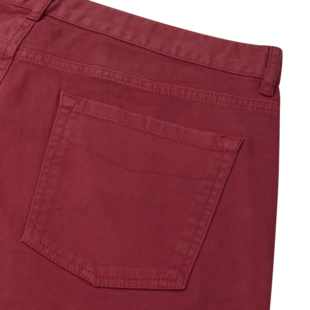 The Burgundy Cotton Five Pocket Trousers by Turnbull & Asser are slim-fit, smart-casual Italian cotton twill trousers with five pockets, belt loops, and a button closure, shown laid flat on a white background.
