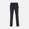 View 1 of product Turnbull & Asser Navy Cotton Seersucker Trousers, featuring a straight-leg fit, belt loops, and concealed front closure, crafted from lightweight Italian seersucker fabric, displayed on a plain white background.