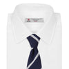 View 2 of product The Turnbull & Asser Seven-Fold Navy and White Blazer Stripe Repp Silk Tie, elegantly rolled at one end, is displayed on a plain white background.