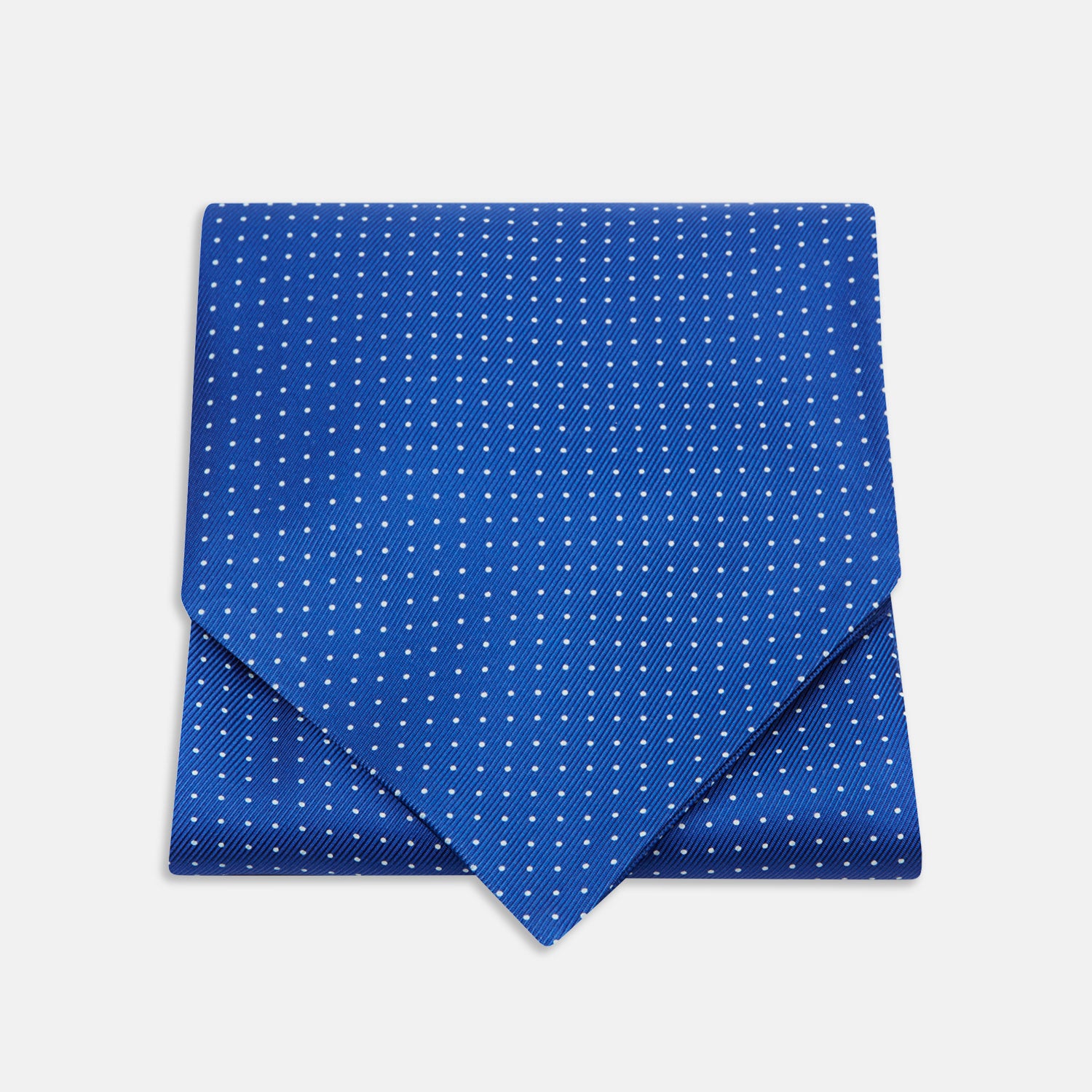 View 1 of product The Turnbull & Asser Royal Blue and White Small Spot Silk Ascot Tie, featuring fine white dots on blue silk, is shown on a plain white background—an elegant finishing touch for any wedding guest outfit.