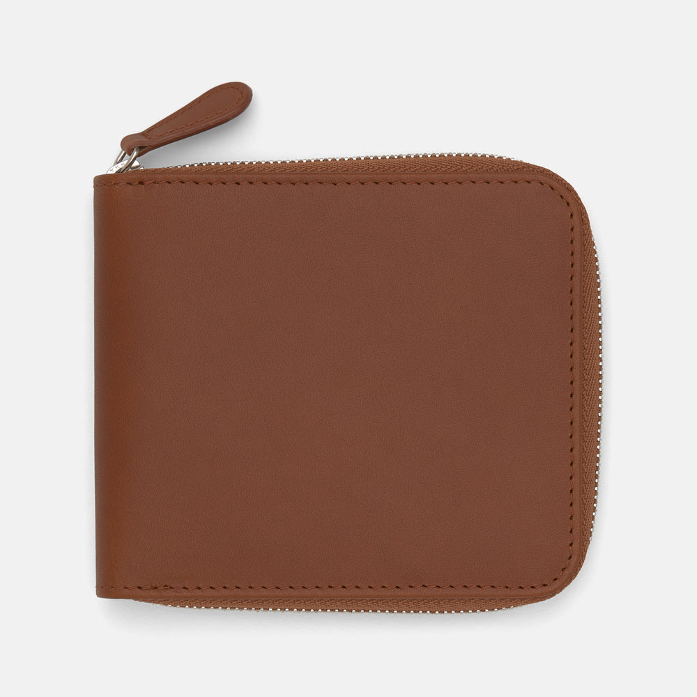 The Light Tan Leather 8 C/C Zipped Wallet by Turnbull & Asser, with a smooth square design, features a leather pull tab and zipper along two sides. It is shown closed against a plain white background.