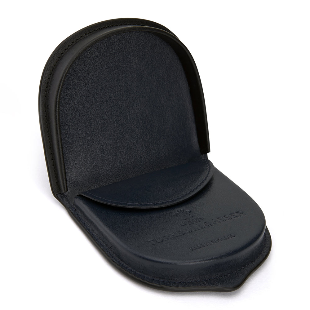 A black Turnbull & Asser Leather Tray Purse coin pouch with curved edges and visible stitching, photographed against a plain white background.
