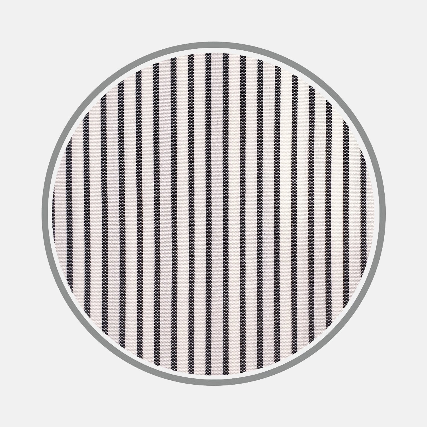 View 1 of product A circular swatch of Turnbull & Asser Black Half Bengal Stripe Cotton Fabric, featuring fine vertical black stripes and a gray border on white background—ideal for made to measure shirts.