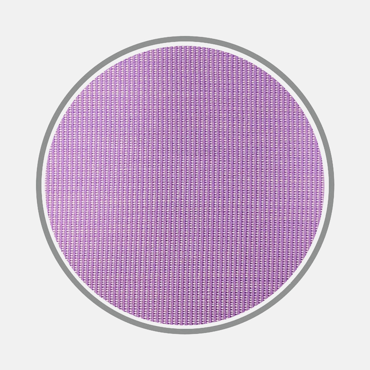 View 2 of product A circular swatch of Turnbull & Asser’s Purple End-on-End Cotton Fabric displays a fine, uniform vertical stripe pattern and is bordered by a thin gray outline on a white background.