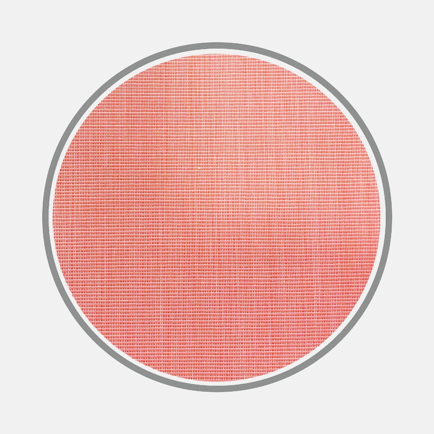 View 1 of product A close-up of a circular swatch of Turnbull & Asser's Coral Red End-on-End Cotton Fabric, bordered in gray, highlights the fine grid texture of the material against a white background.